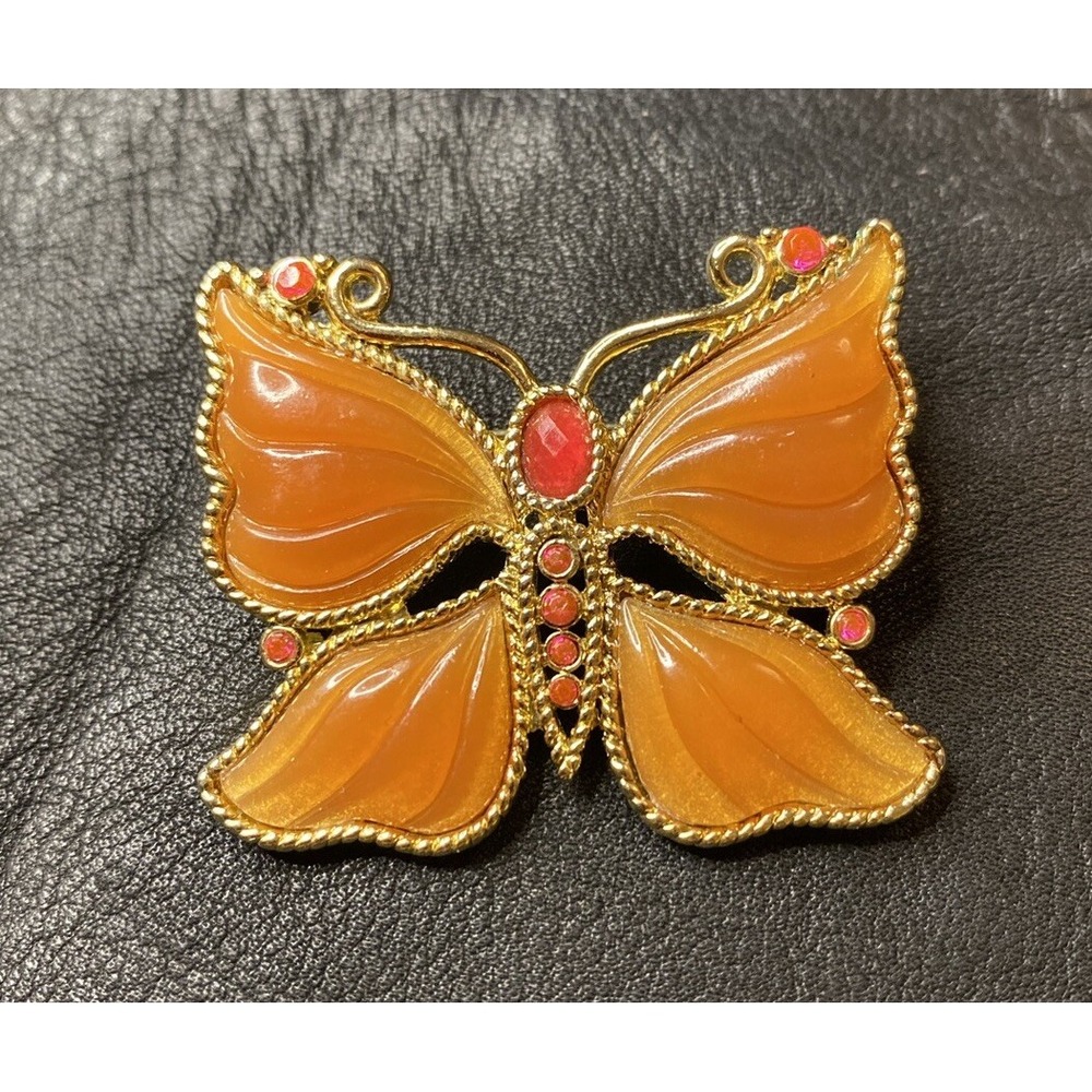 BUTTERFLY DESIGN BROOCH PIN AMBER COLOR W/PINK CRYSTALS GLOW ON UV/BLACK LIGHT